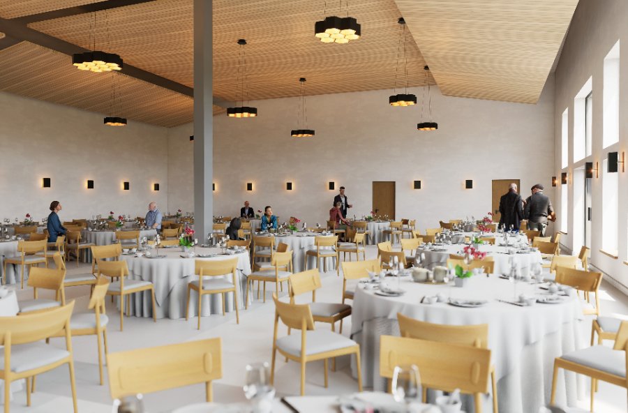 Phase 1 hall in community mode &mdash; movable partitions open, configured for coffee hour, dinners, and parish events