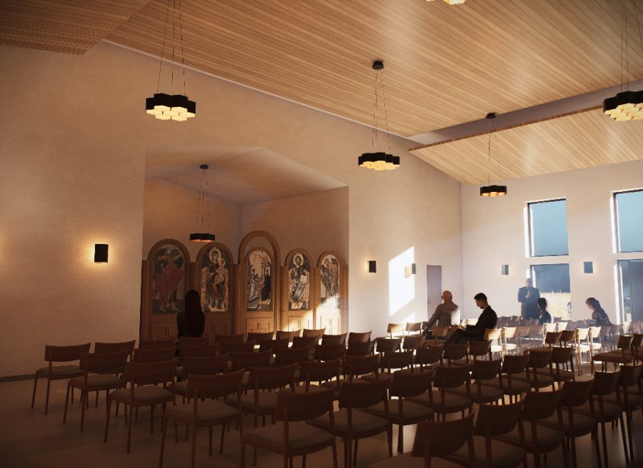 Phase 1 hall in church mode &mdash; movable partitions closed, iconostasis in place, seating for 300 parishioners